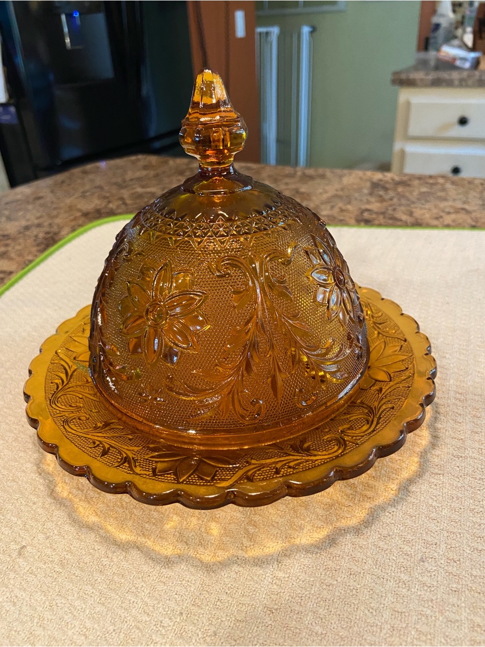 Indiana Glass Amber Floral Covered Butter Dish